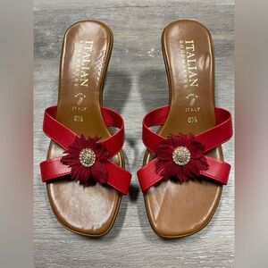 Italian Shoemakers red wedge sandals rhinestone floral accent Women’s Size 8.5
